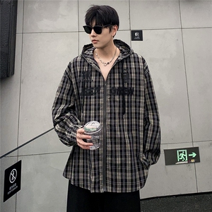 美式复古连帽格子外套男休闲百搭衬衫植绒印花防晒衫CS05-P65