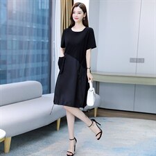 2021夏季新款简约时尚气质圆领拼色宽松休闲舒适连衣裙，女装连衣裙，灵力轩