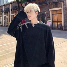 美式高街千鸟格子长袖T恤男女亨利V领英伦雅痞休闲宽松长袖打底衫，男装T恤，电商A443