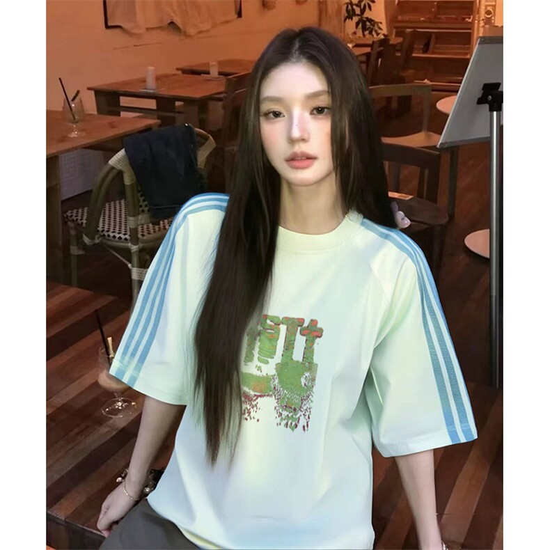 抖音得物品质二开240克宽松纯棉美式潮牌印花三条杠中性风短袖T恤,男装T恤,电商A486