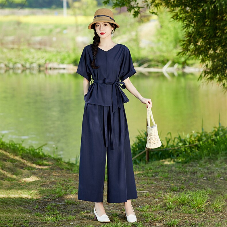 棉麻套装女夏季2025新款高端时尚洋气减龄显瘦亚麻阔腿裙裤两件套,女装套装/套裙,水衣源