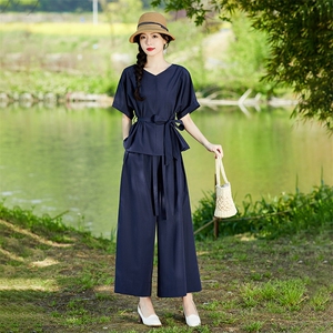 棉麻套装女夏季2025新款高端时尚洋气减龄显瘦亚麻阔腿裙裤两件套图片