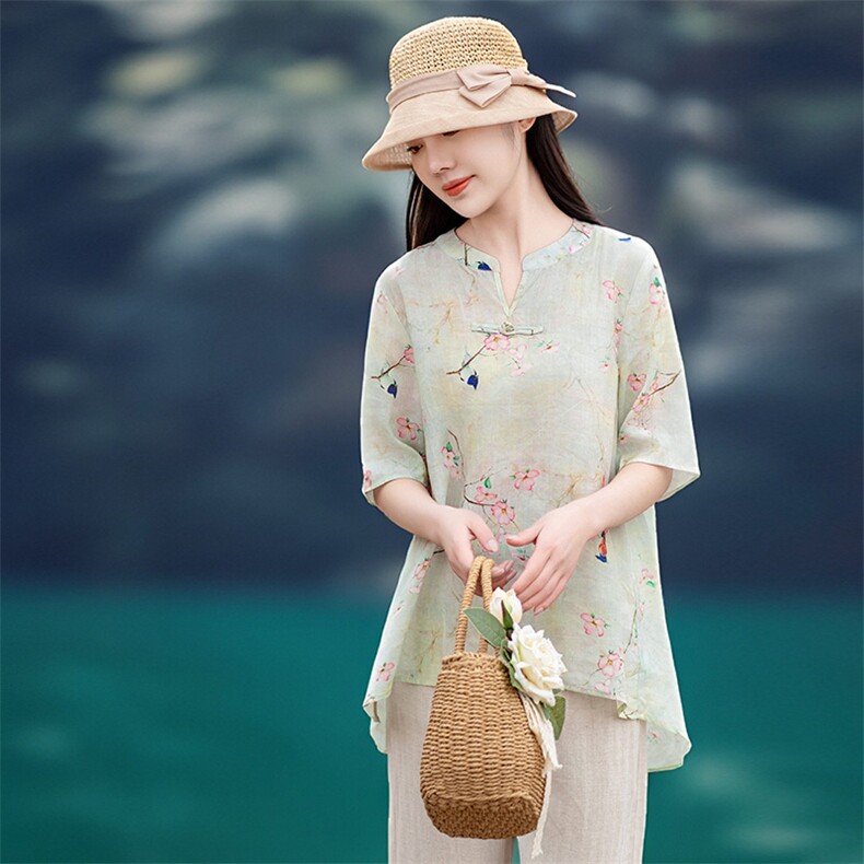 2026年春季文艺风女短袖宽松苎麻，女装衬衫，江南依恋