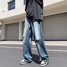 松紧腰破洞牛仔裤男直筒宽松休闲裤oversize裤子N08029-P48，男装牛仔裤，星座308B-2