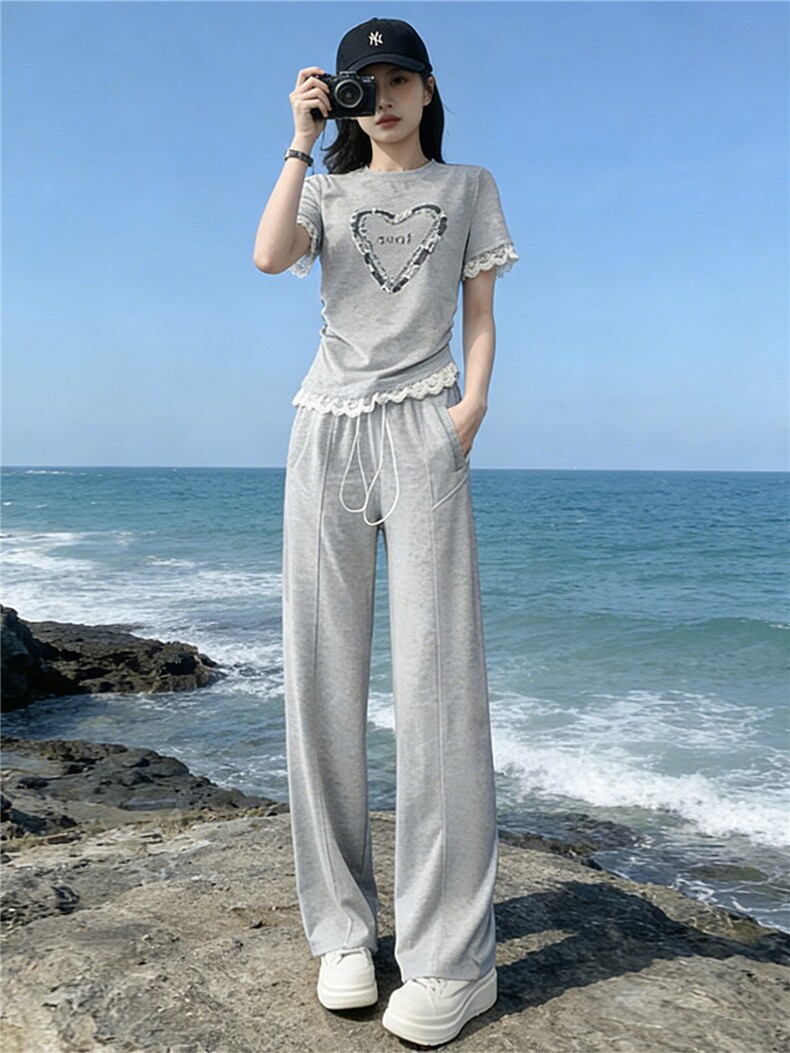 韩版时尚气质套装女夏季新款高级感显瘦短袖上衣宽松阔腿裤两件套,女装套装/套裙,江南