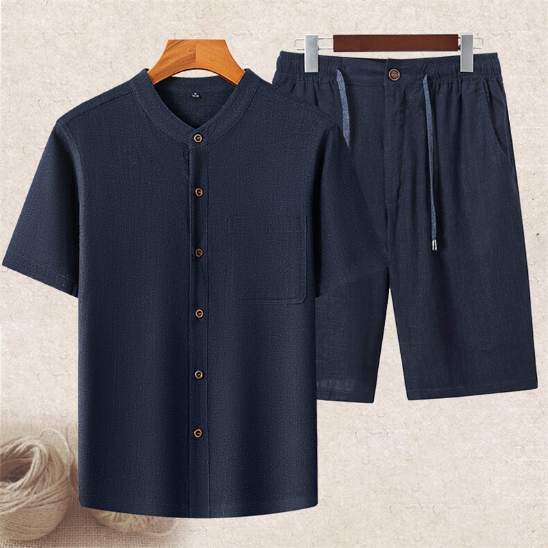 高端男士中老年风亚麻短袖衬衫短裤套装中年棉麻休闲T恤，男装牛仔裤，钱塘723
