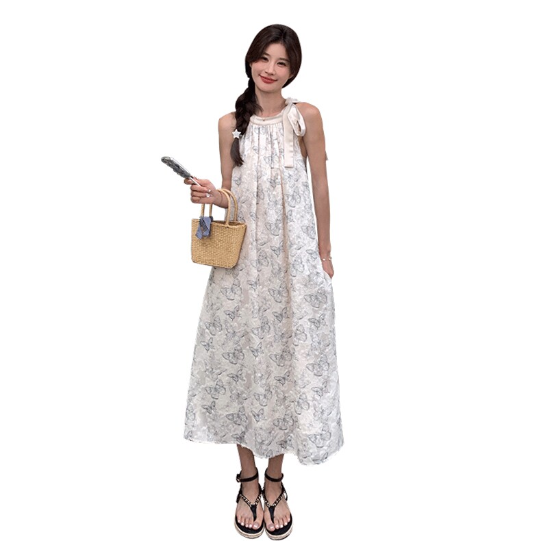 法式温柔风碎花挂脖连衣裙女2025夏季新款韩版收腰显瘦甜美a字裙,女装连衣裙,2D075