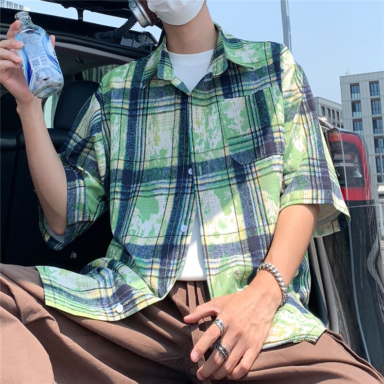 2025美式扎染印花冰丝凉感短袖五分袖格子衬衫CS1866/特P25绿色,男装T恤,电商A094