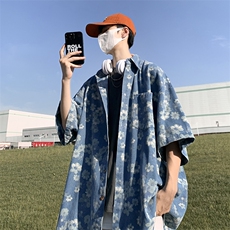 情侣牛仔花朵衬衫夏季新款复古做旧上衣短袖衬衣男W3427-P50，男装衬衫，星座512-2