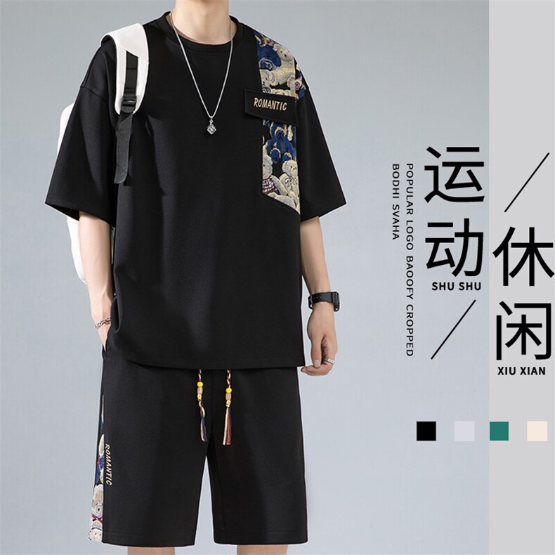 国潮套装男夏季潮牌拼接中国风两件套宽松休闲大码短袖小熊短裤子,男装T恤,电商A022