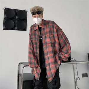 港风ins格子衬衫男士长袖潮流帅气上衣休闲情侣衬衣外套C140/P40图片