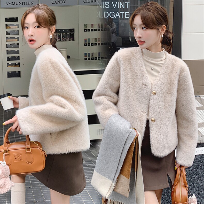 羊剪绒短款皮毛一体仿羊羔毛大衣外套女冬新款，女装皮草，纯色衣恋
