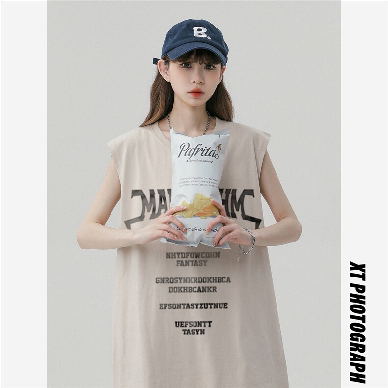 中性风23夏季时尚百搭宽松字母印花无袖纯棉短袖T恤DT508P30控48,男装T恤,A247A