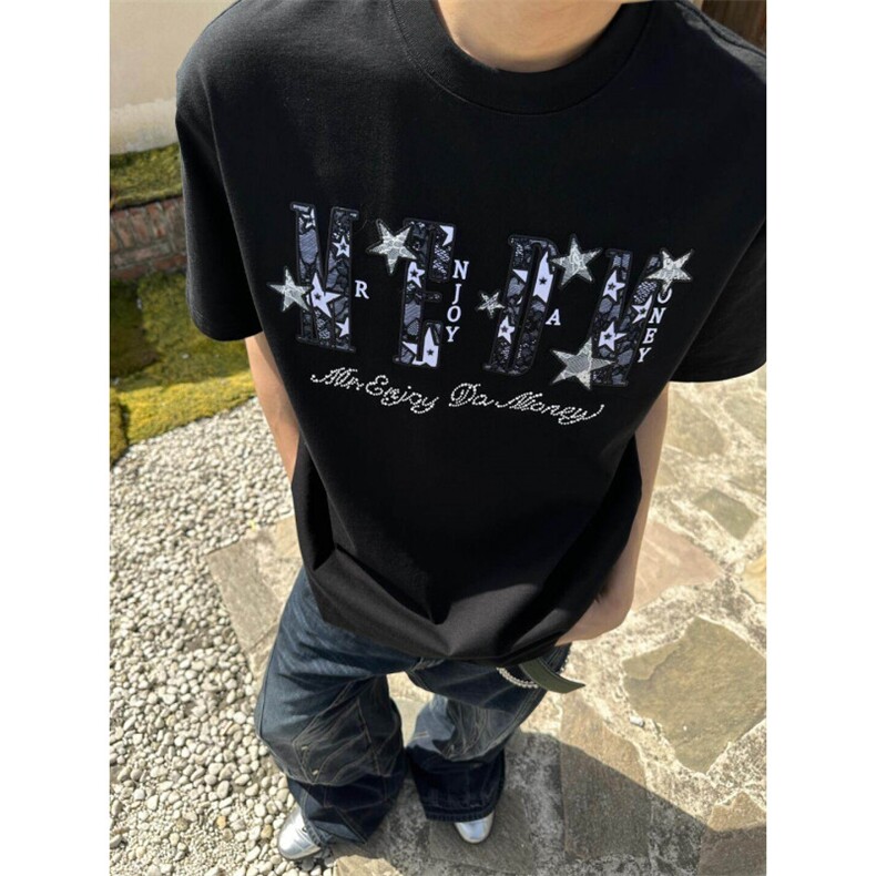 H0930-P35二本针线#蕾丝刺绣+烫钻螺纹领+包边拉肩短袖T恤，女装T恤，星座617A-2