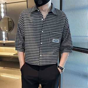 社会小伙2025春季新品衬衫 男士格子衬衫七分袖打底衫901C02P58图片