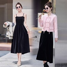 现货新款春秋装复古新中式盘扣外套连衣裙女装气质可组合套装裙，女装套装/套裙，韩美纤衣