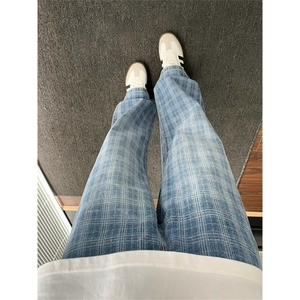 蓝格子半松紧腰微喇牛仔裤NNC433图片