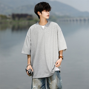 8XL-M短袖t恤男款夏季薄款垂感小V领七分袖加肥加大码DT005特P20图片