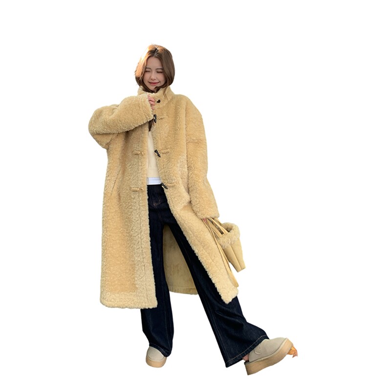 黄色牛角扣连帽皮毛一体羊羔毛厚外套女秋冬加绒保暖派克棉服大衣,女装大码女装,2B082