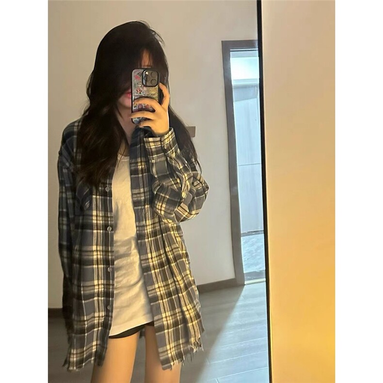 美式潮牌蓝色长袖格子衬衫男女生宽松百搭复古休闲慵懒感衬衣外套,男装衬衫,星座1210-1