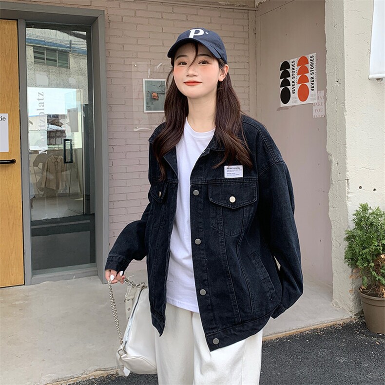 新款春季女涂鸦印花黑色长袖宽松韩版牛仔外套夹克潮Z047-85图片