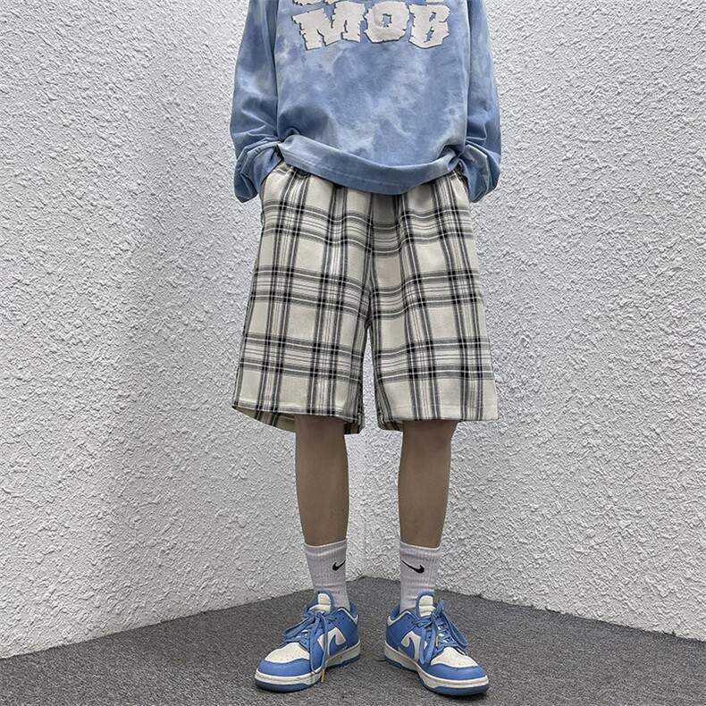 夏季格子沙滩裤子男宽松冰丝短裤五分裤个性中裤A017P35,男装牛仔裤,电商A351