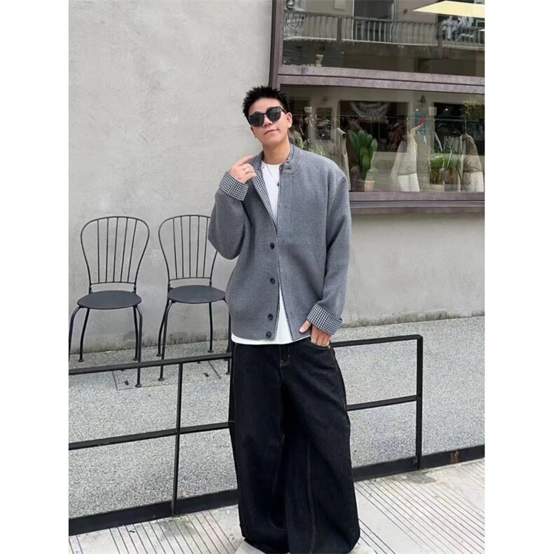 现货假两件针织衫开衫衬衫领拼接毛衣外套W6180-特P75,男装针织衫/毛衣,星座1212