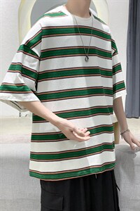 夏季港风条纹休闲宽松短袖T恤衫男装大码潮流上衣D201-DM511-P30图片