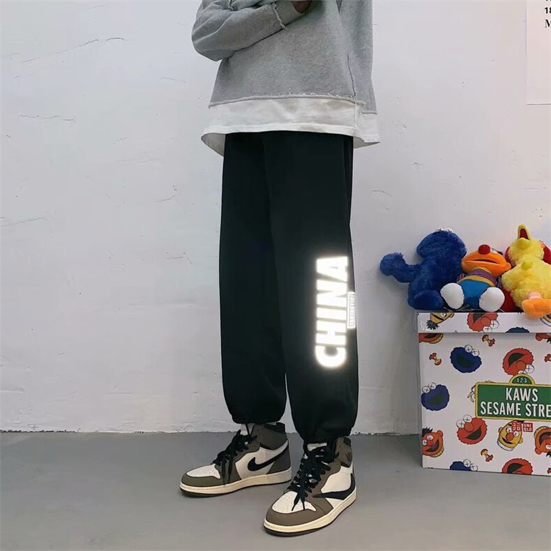 夏款灰色休闲卫裤男宽松直筒束脚九分运动反光字母裤子K854-P25,男装休闲裤,星座512-2