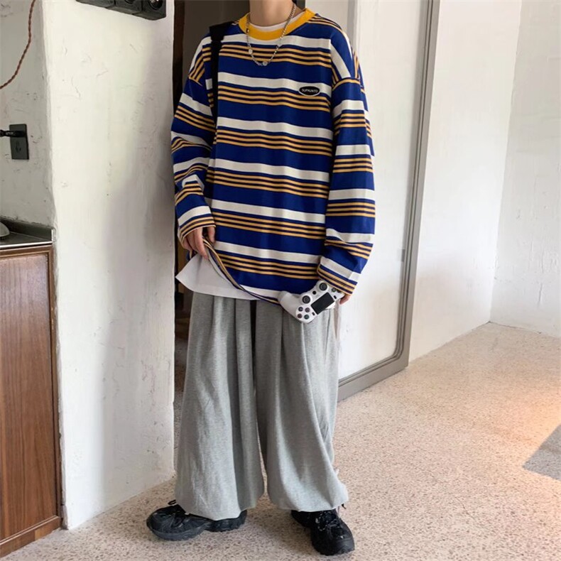 春季2025新款条纹长袖t恤男韩版潮流学生体恤港风ins宽松上衣服,男装T恤,星座1210-1