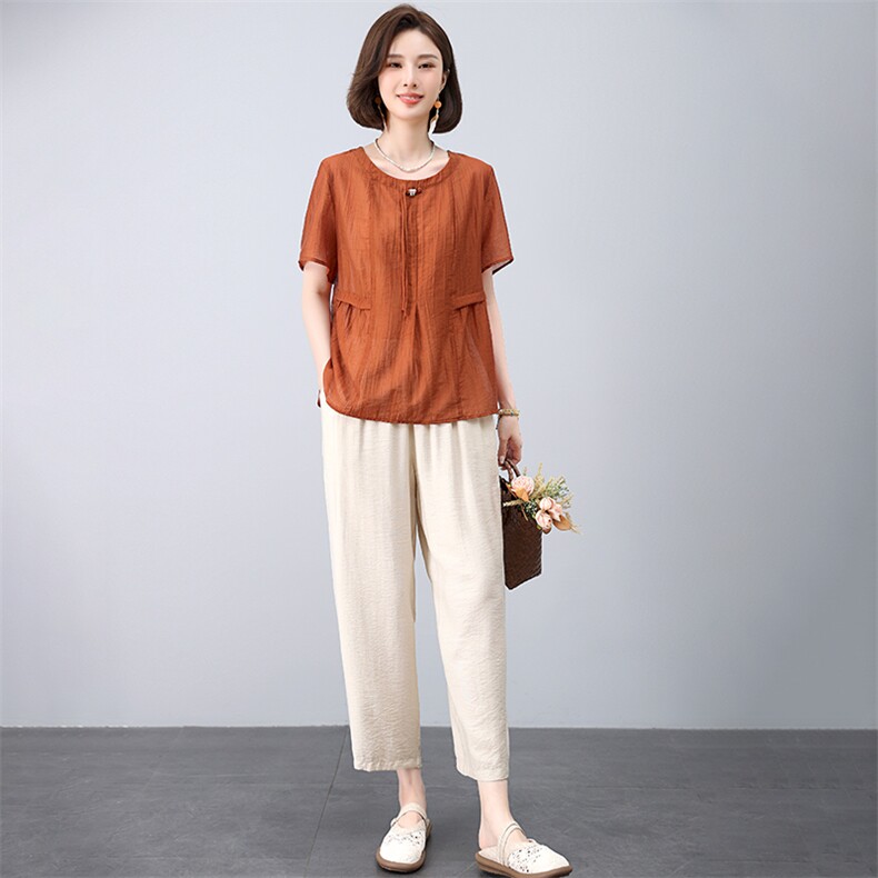 套装女2025年夏季新款时尚宽松中年妈妈大码棉麻九分裤两件套,女装套装/套裙,江忆布依