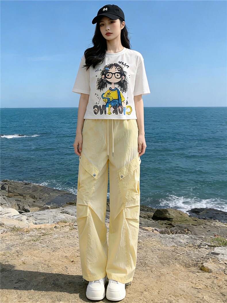 甜美时尚休闲套装女夏季新款圆领卡通印花T恤宽松工装长裤两件套,女装套装/套裙,江南