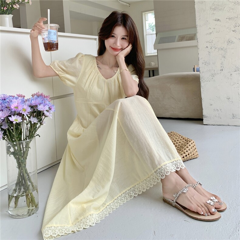 法式蕾丝花边浅黄色连衣裙女夏2025新款小个子显瘦爆款巨好看裙子，女装连衣裙，蝶眷