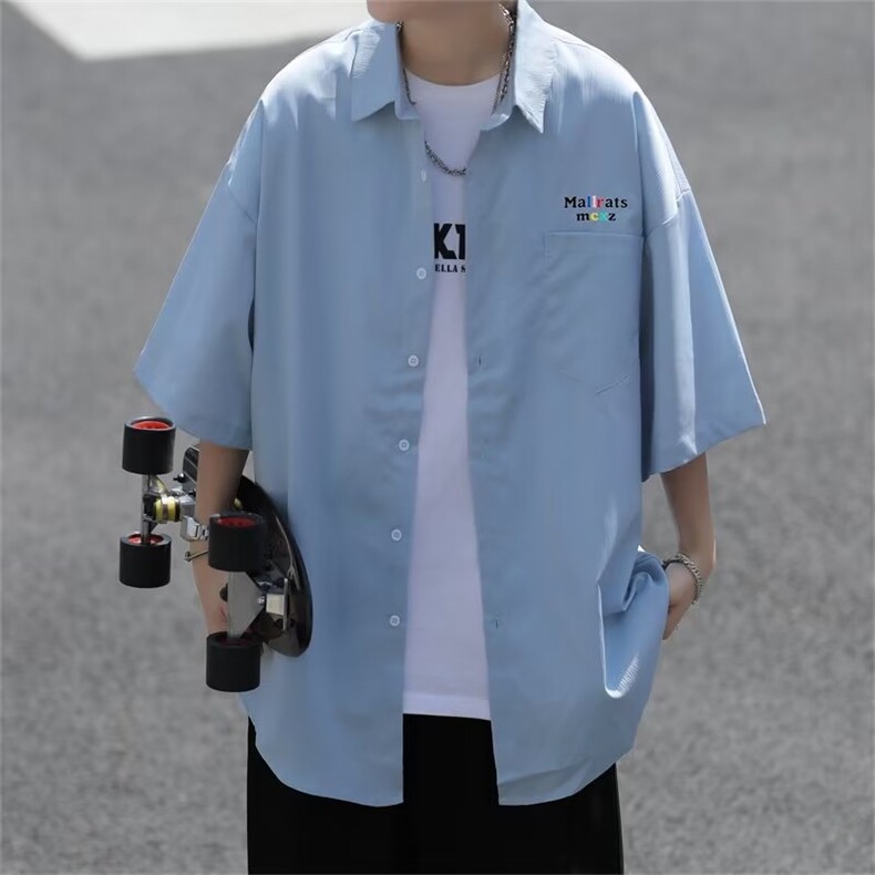 夏季短袖衬衫男日系宽松简约基础款休闲情侣五分袖外套,男装衬衫,星座716-3