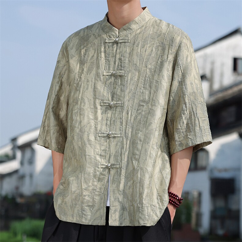 2025夏季新款风男金属盘扣新中式天丝纹路提花衬衫C133-P70,男装衬衫,电商B277(原6028)