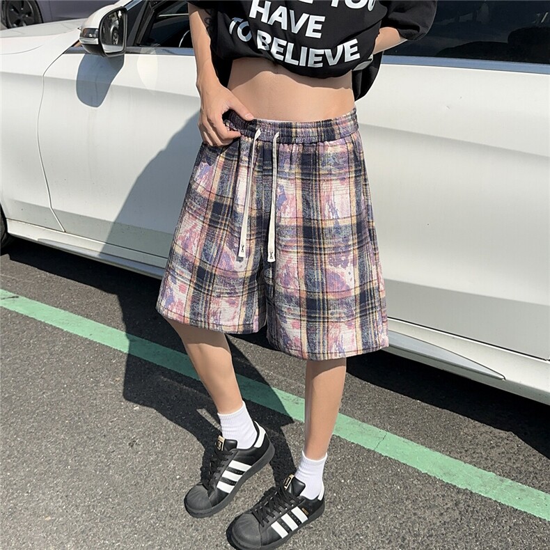 2025夏装新款美式扎染格子短裤五分裤男潮流K9902/特P25车景6,男装牛仔裤,电商A094