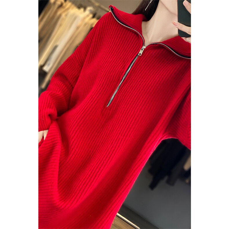 中长款100%纯羊毛衫女半开拉链加厚长袖毛衣宽松羊绒衫针织打底衫,女装连衣裙,若菲羊绒