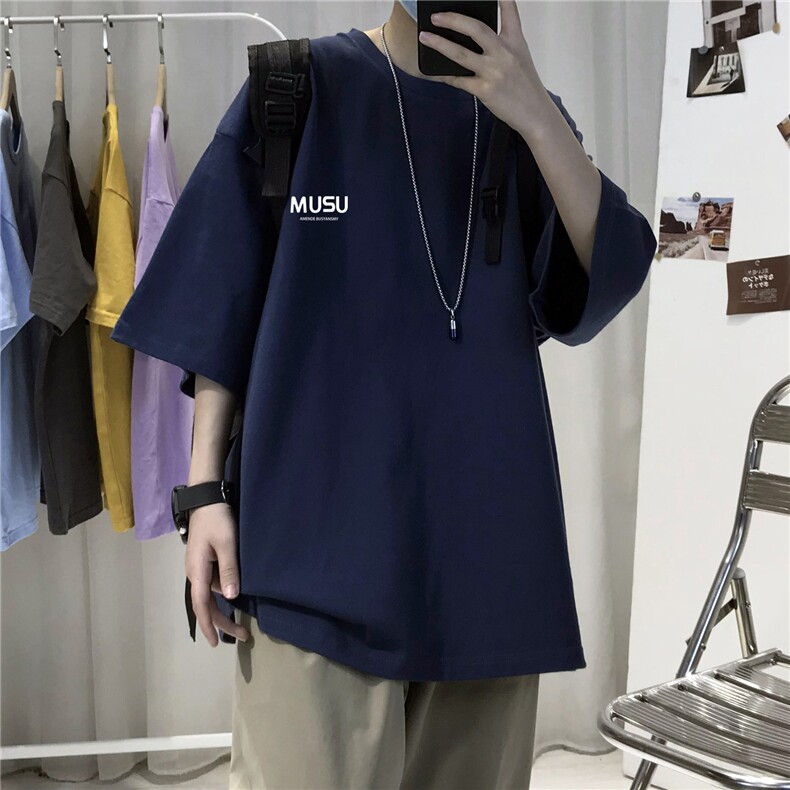 T003男士休闲字母印花宽松五分袖半截袖纯棉T恤大码男女青少年潮图片