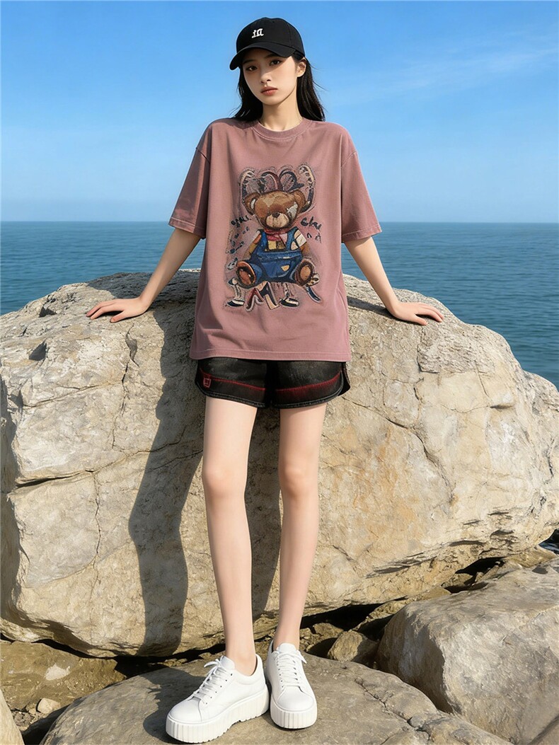 欧货休闲时尚运动套装女夏新款圆领短袖小熊上衣宽松短裤两件套潮,女装套装/套裙,江南
