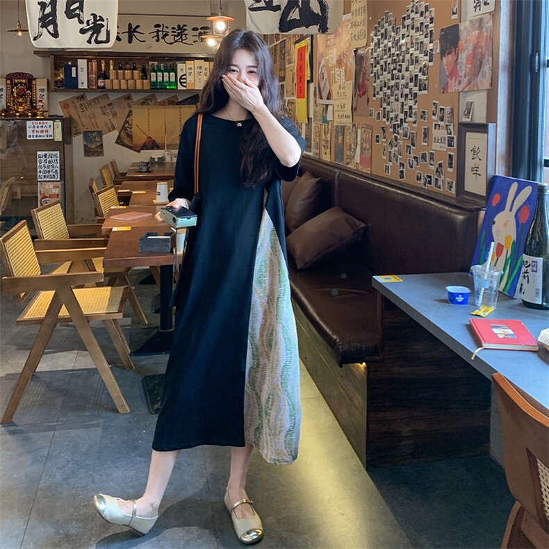 拼接民族风短袖连衣裙女2025夏装新款韩版宽松休闲假两件过膝长裙图片