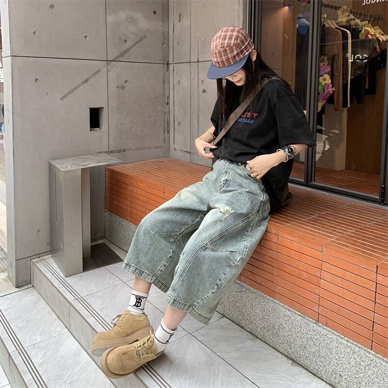 美式夏季刮烂破洞弯刀水洗牛仔裤男女宽松七分裤子潮流YD701-P65,男装牛仔裤,星座509