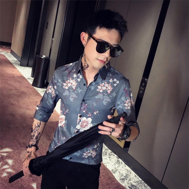 夏季男士七分袖印花衬衫男休闲修身条纹衬衣A236-8811-P55,男装衬衫,电商A236