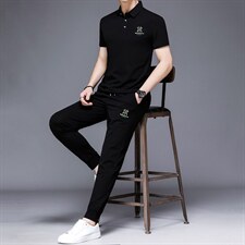 时尚刺绣运动套装男夏季薄款短袖上衣休闲长裤2件套POLO上衣，男装休闲套装，电商B212（原钱塘6029）