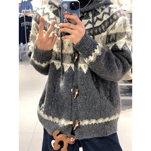 重磅秋冬北极绒开衫毛衣美式复古休闲慵懒风牛角扣针织衫连帽外套图片