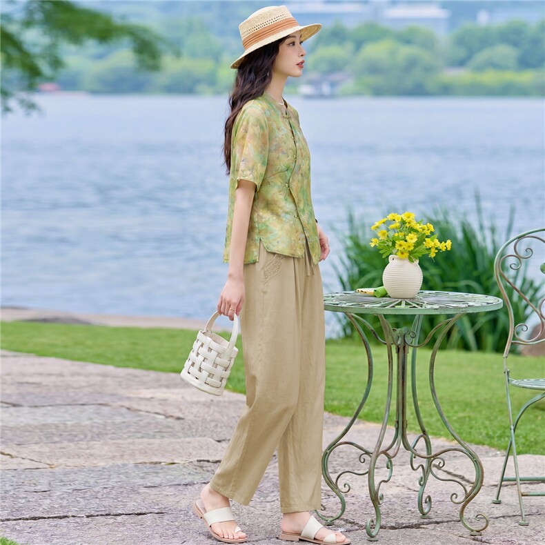 现货2026年夏季新款中式时尚两件套装女T恤小衬衫加天丝麻直筒裤,女装套装/套裙,璐依舞