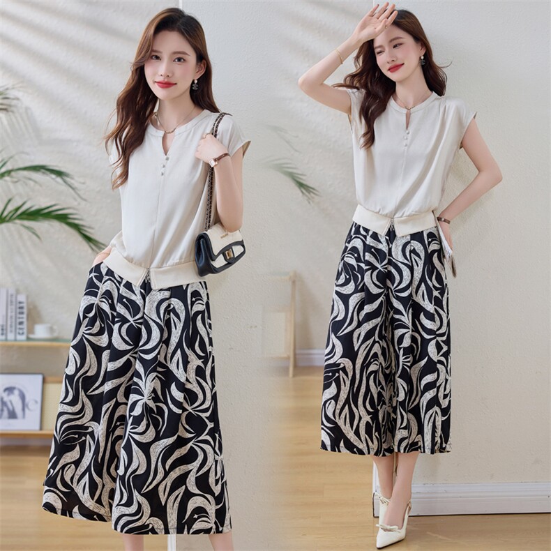 时尚妈妈装短袖衬衫冰丝休闲裤两件套夏装新款洋气高贵中老年套装，女装套装/套裙，缘衣格