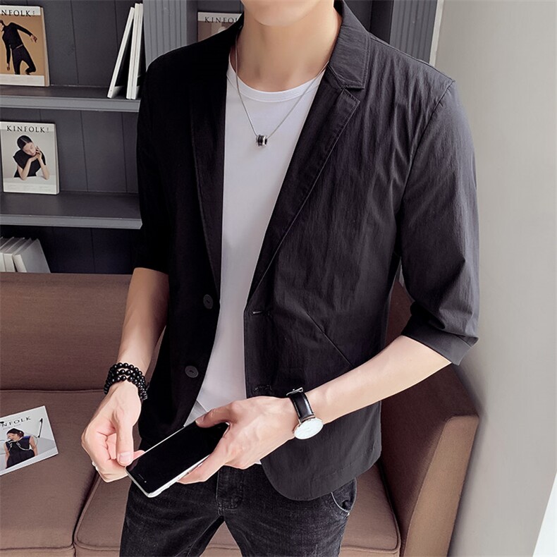 100%聚酯纤维9夏新款中袖小西装休闲修身五分袖男西服8865，男装西服，电商D240-242