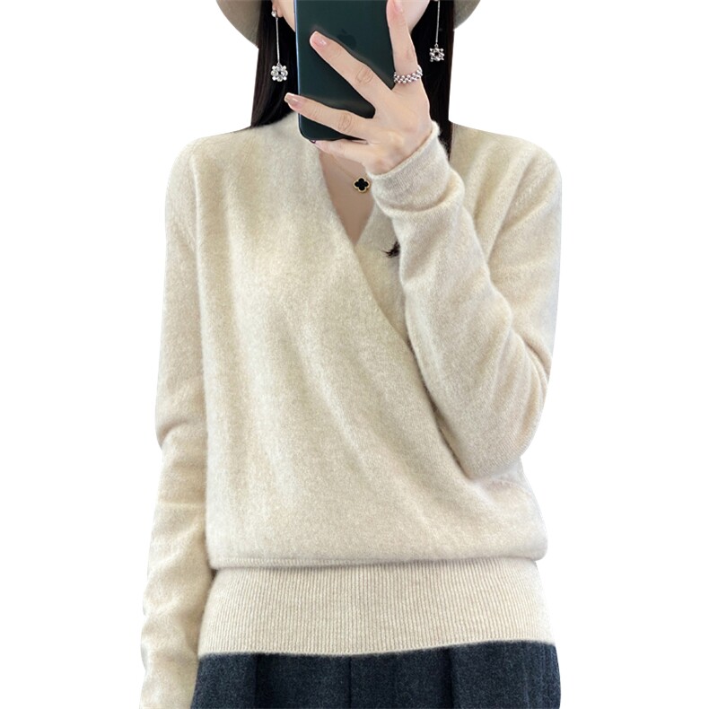 2025冬季新款交叉领羊毛衫女套头修身羊绒衫V领短款外穿和服毛衣,女装羊毛衫,九嘉羊绒