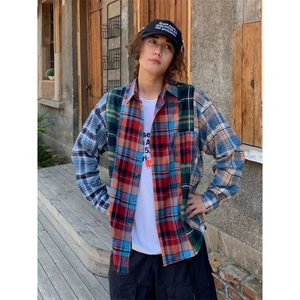 美式复古撞色长袖格子衬衫男潮牌百搭情侣款休闲印花格纹衬衣外套图片