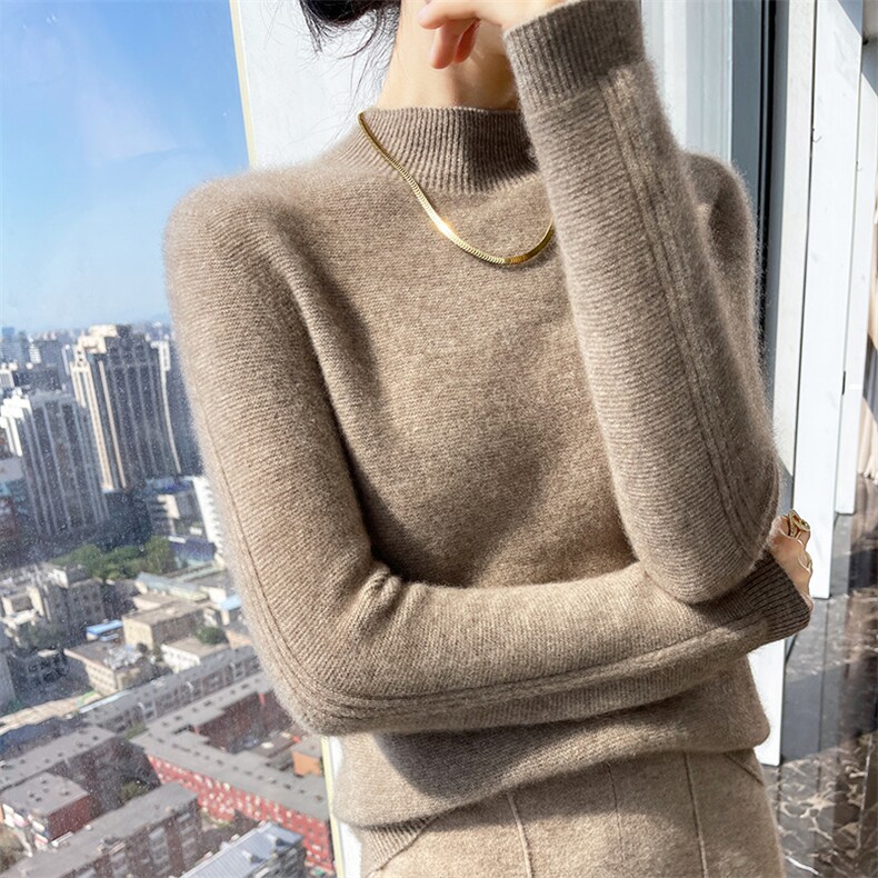 半高领羊毛衫女100羊毛打底衫秋冬新款洋气针织衫毛衣内搭,女装羊毛衫,魅途羊绒